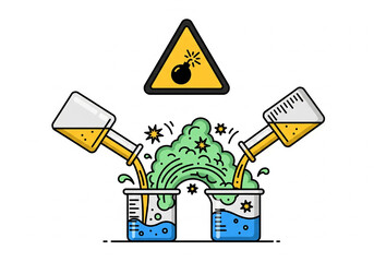 Cartoon chemistry beakers with explosion and warning sign
