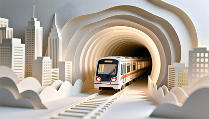 Paper cut art style showing a light rail emerging from a tunnel
