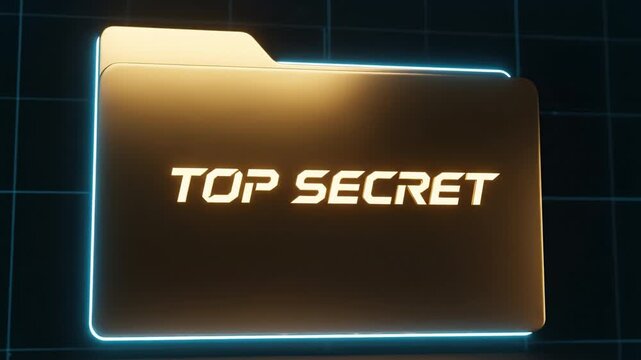 Top secret file folder glowing digital grid background with neon edge lighting, golden folder labeled top secret dark grid conveying confidential document secrecy and metallic sheen, top secret