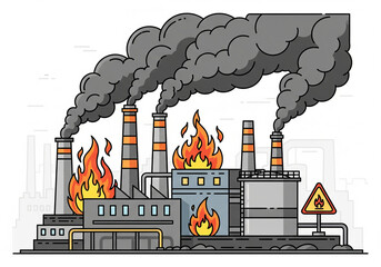 Industrial factory with fire and smoke pollution