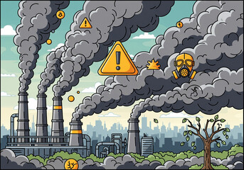 Pollution from industrial factory with smokestacks and city skyline