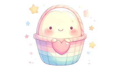 Adorable kawaii character nestled in a pastel-colored basket, surrounded by stars