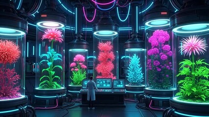 Lab of Colorful Floral Wonders: Witness a vibrant array of genetically modified flowers contained within sleek, illuminated tubes in a futuristic laboratory, bathed in neon light.