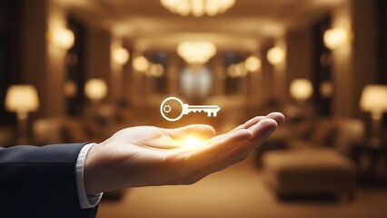 Hand holding glowing key icon for access and security concept