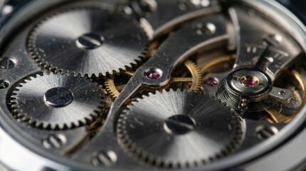 Close-up view of intricate mechanical watch movement with gears, cogs, and ruby jewels.