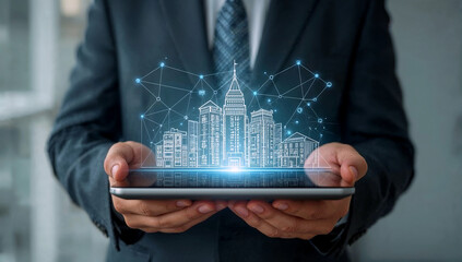 Real estate agent demonstrates 3d building hologram on tablet