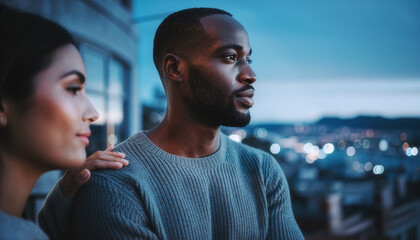 Supportive woman comforting contemplative man on city rooftop at dusk
