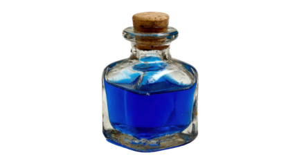 Potion bottle containing blue liquid, representing magic, alchemy, and fantasy on transparent background