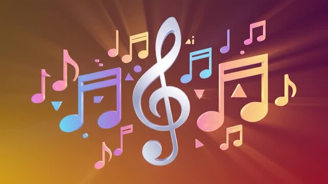 Colorful musical note pattern and treble clef on radiant gradient background conveying joyful melody rhythm and vibrant sound with purple note soft glow floating notes evoking calm mood