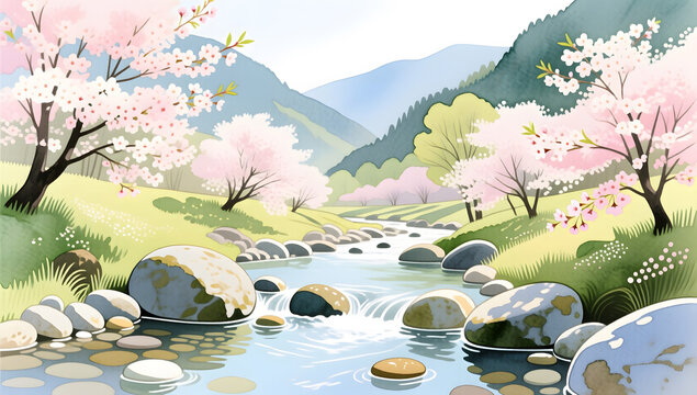 Wild cherry blossoms and clear streams in the spring valley