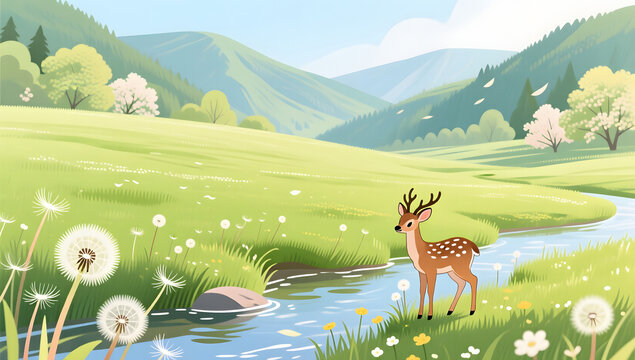 Young deer by the stream in the green fields of spring