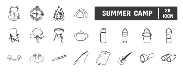 20 Summer Camp Line Icon Illustration Set