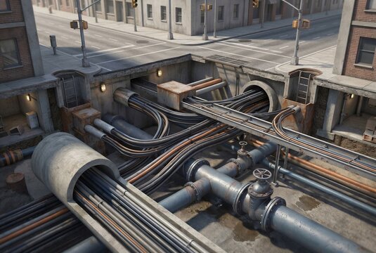 Photorealistic cutaway cross-section of underground urban utilities network with power cables water mains and fiber optics beneath city street