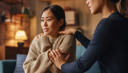 A compassionate woman gently comforts her sad friend with a supportive touch indoors
