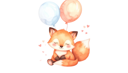 Whimsical illustration of a smiling baby fox with balloons and hearts on black background