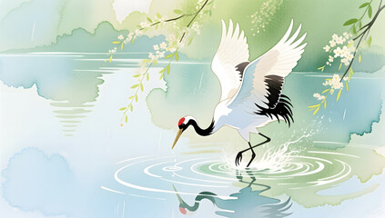 Obraz premium Red-crowned crane playing in the warm spring river