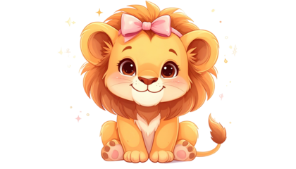 Adorable cartoon lion cub with a pink bow and sparkly background