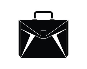Geometric black briefcase icon with handle and clasp on white background Keywords: briefcase, bag, luggage, business, work, finance, travel