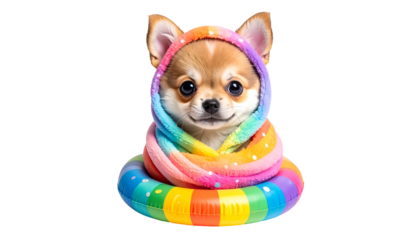 Digital art of a cute chihuahua wearing a rainbow scarf and swim ring, against a black background