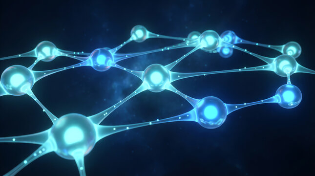 Glowing interconnected nodes create a futuristic network or molecular structure against a dark blue background, symbolizing connectivity, technology, and digital communication - Powered by Adobe