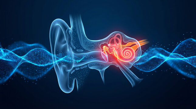 3D illustration of a human ear anatomy highlighting the cochlea and auditory nerve with sound waves transmitting through the ear canal in a digital blue and orange color scheme