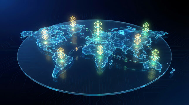 Holographic world map with glowing dollar symbols highlighting global financial hubs and digital currency connections in a futuristic technology setting - Powered by Adobe