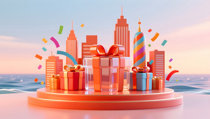 Playful orange and red festive gift display stage