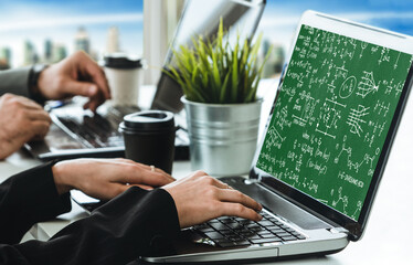 Mathematic equations and modish formula on computer screen showing concept of science and education