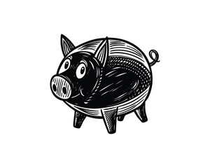 Stylized black and white piggy bank illustration with textured body and curly tail on white background