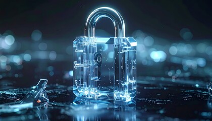 A digital padlock, illuminated against a blurry tech-themed background
