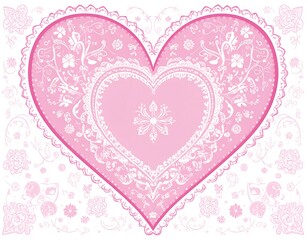 Pink heart, intricate lace design, floral accents on a white background