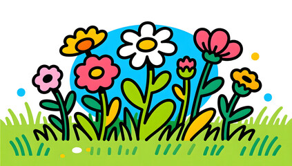 Energetic pop art style outlined wildflowers on grass