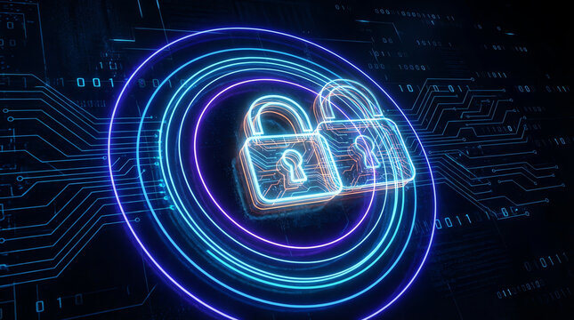 Two glowing digital padlocks overlay concentric neon circles on a dark background with circuit lines and binary code, symbolizing cybersecurity and data protection - Powered by Adobe