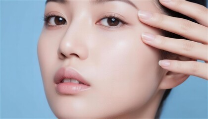 青い背景と魅力的な瞳が印象的なビューティーショット