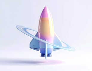 Colorful, stylized rocket ship with orbiting ring, pastel hues