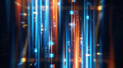 Abstract digital background with vertical glowing light streaks in blue and orange, creating a futuristic and dynamic tech-inspired atmosphere