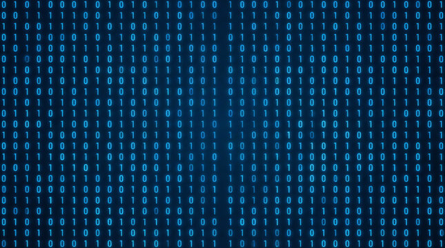 Blue digital binary code with rows of ones and zeros on a dark background, representing data, programming, and computer technology - Powered by Adobe