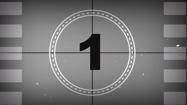 4k animation. Old film countdown 5 seconds in grey color background.