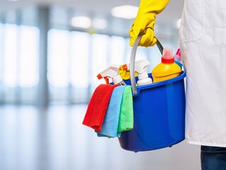 Person in yellow gloves holding a blue cleaning bucket with supplies image photo