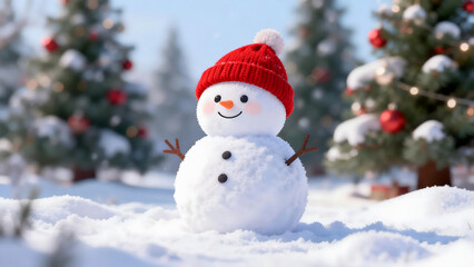 A cheerful snowman smiling beside a softly lit Christmas tree