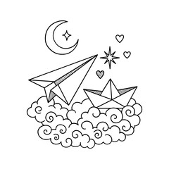 Doodle illustration of paper plane and boat floating on curly clouds