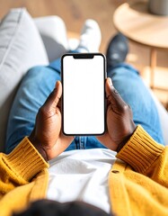 Over-the-shoulder view of an African American man holding a smartphone with blank screen at home, ideal for mobile app advertising, digital marketing, and modern lifestyle concepts.
