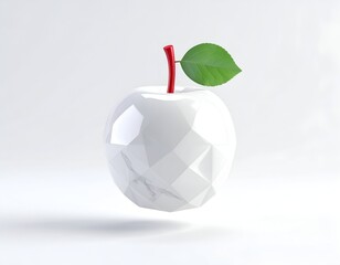 Geometric white apple with red stem, green leaf, on white