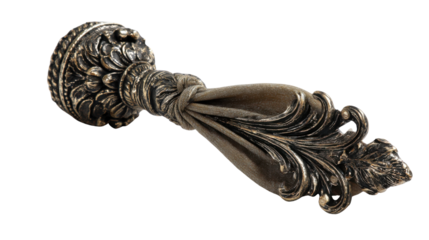Ornate bronze rococo style curtain tie-back with scrollwork and fabric detail, vintage drapery holder on transparent background