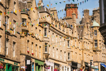Historic Street Festooned With Colorful Flags in a Charming Town