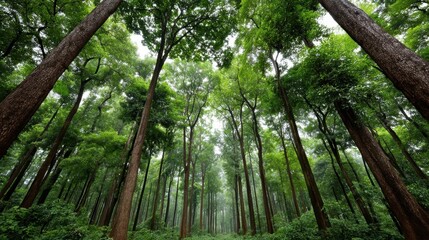 Obraz premium Forest with tall trees and lush green foliage dense woodland showcasing towering trees and vibrant verdant plant life