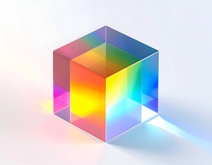 Transparent cube refracts light, displaying vibrant rainbow spectrum