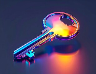 A shiny, iridescent key on a dark surface, reflecting light