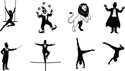 Vintage circus silhouette set featuring trapeze artist, juggling clown, trained lion, magician, tightrope walker, and acrobats for retro entertainment show designs. © Mim's World