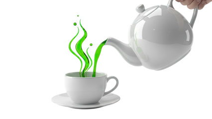 Green liquid pouring from teapot into cup